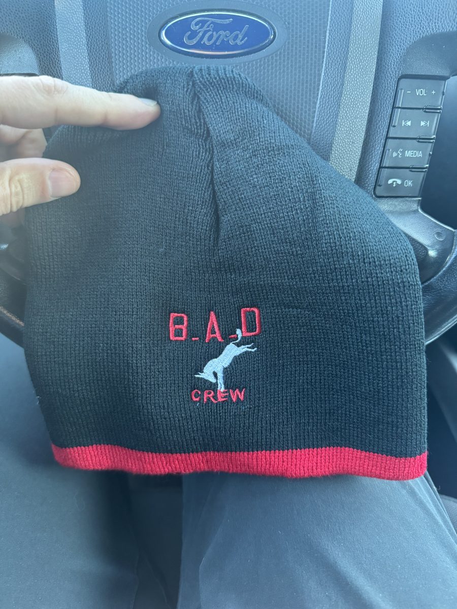 B.A.D Crew beanie up close