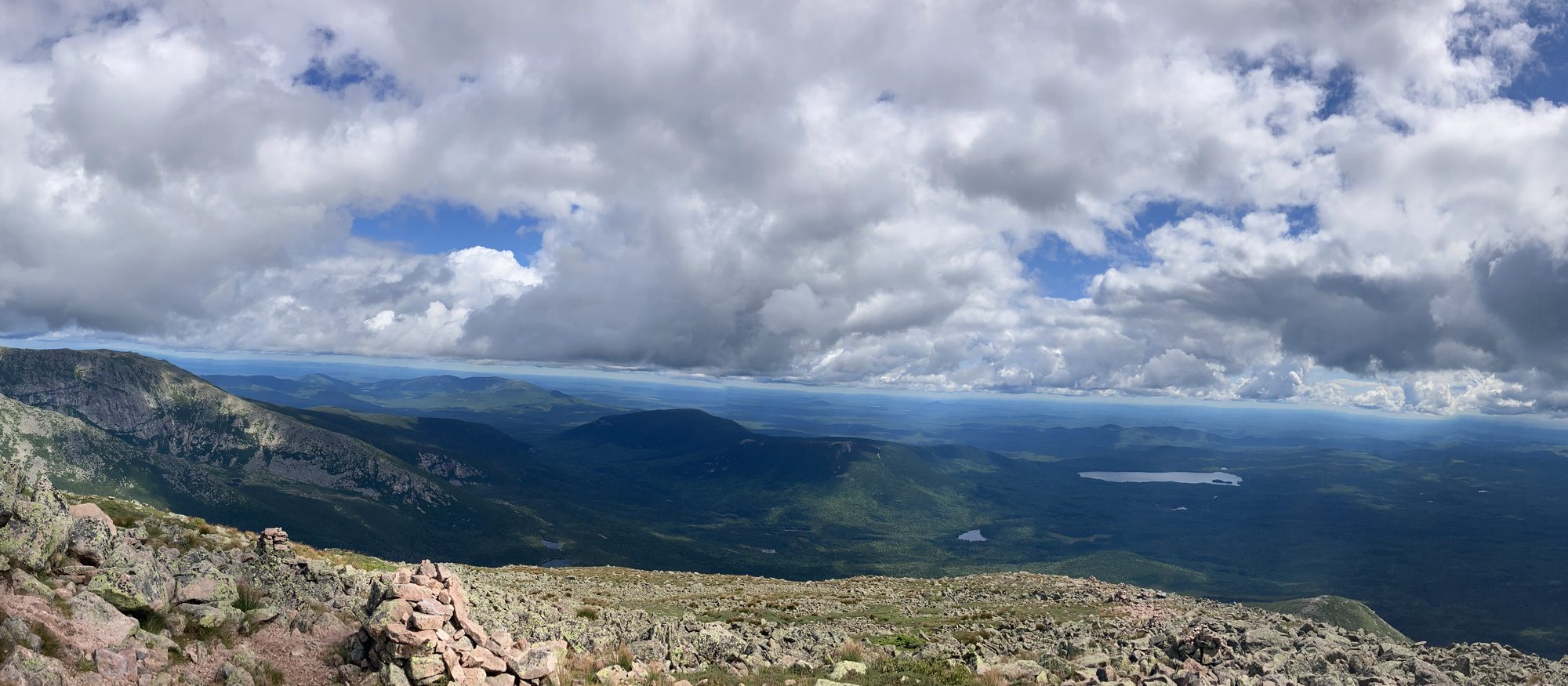 Wide view of lakes and ridges from high on Katahdin